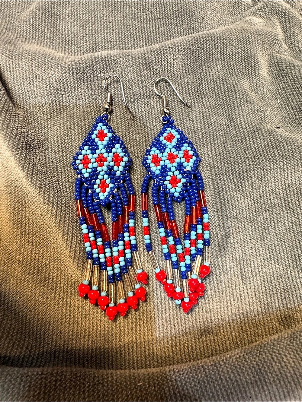 Beaded Dangle Earrings in Blue & Red